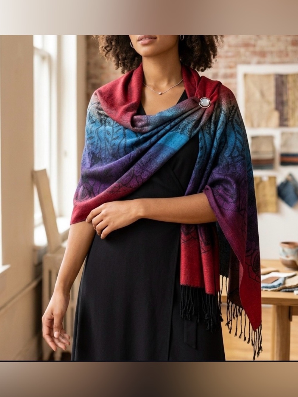 Multicolor Bontanical Floral Gold Woven Polyester Fringe Scarf Wear Many Ways